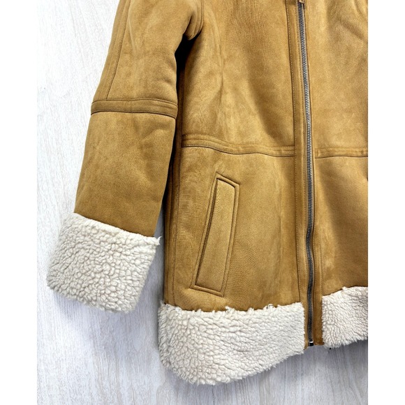 Bearpaw Faux Shearling Sherpa Jacket Tan Cream Zip Moto Coat Womens M - Picture 8 of 9